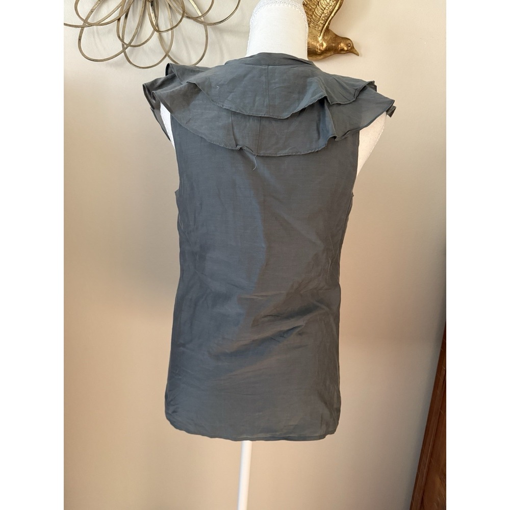 Banana Republic Cotton Silk Ruffle Blouse Gray Sleeveless Tie Neck XS Top - Picture 4 of 8
